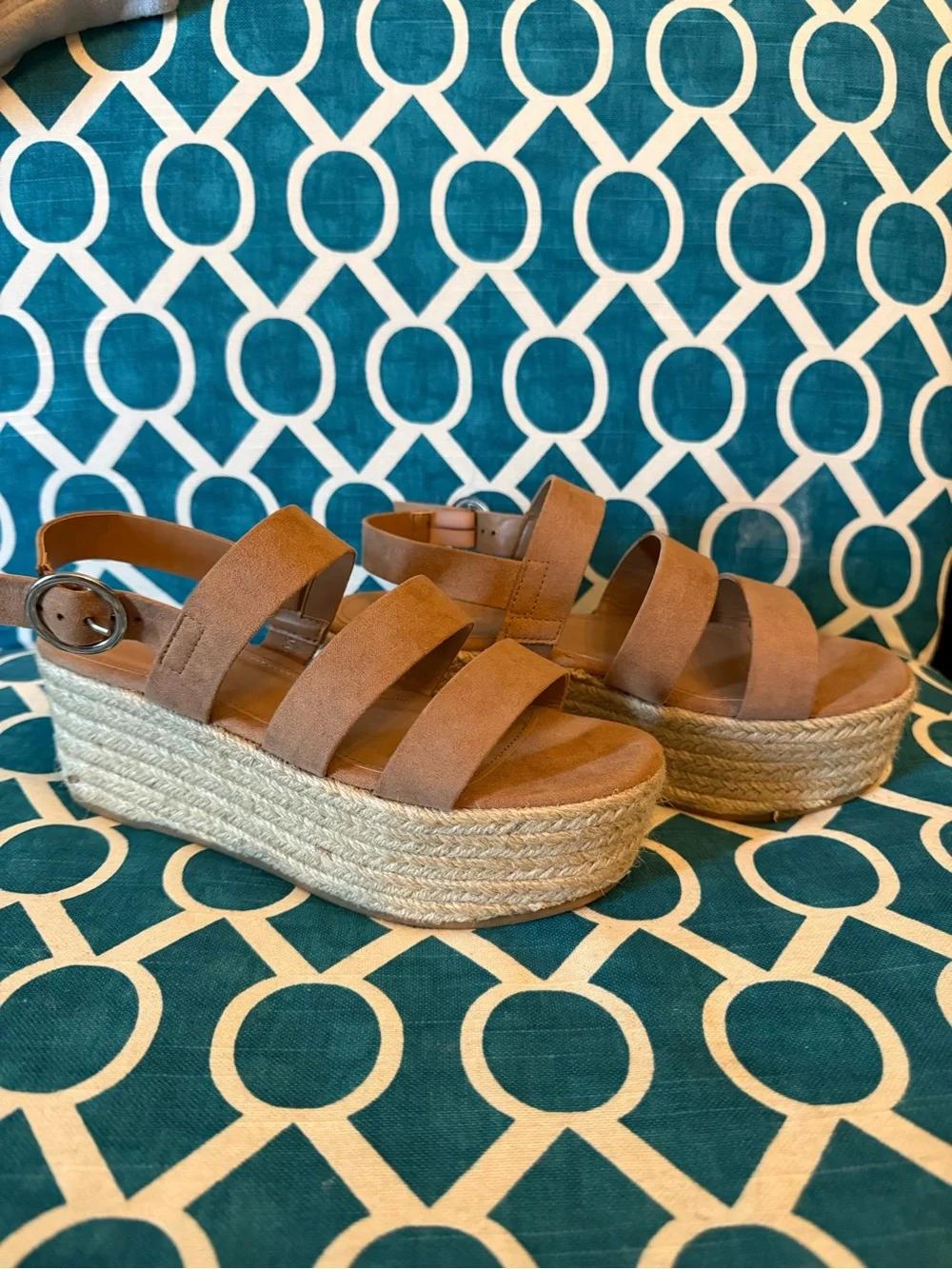 Bamboo Tan Faux Suede Platform Espadrille Sandals | Ankle Strap | Size 6 (EU 36)